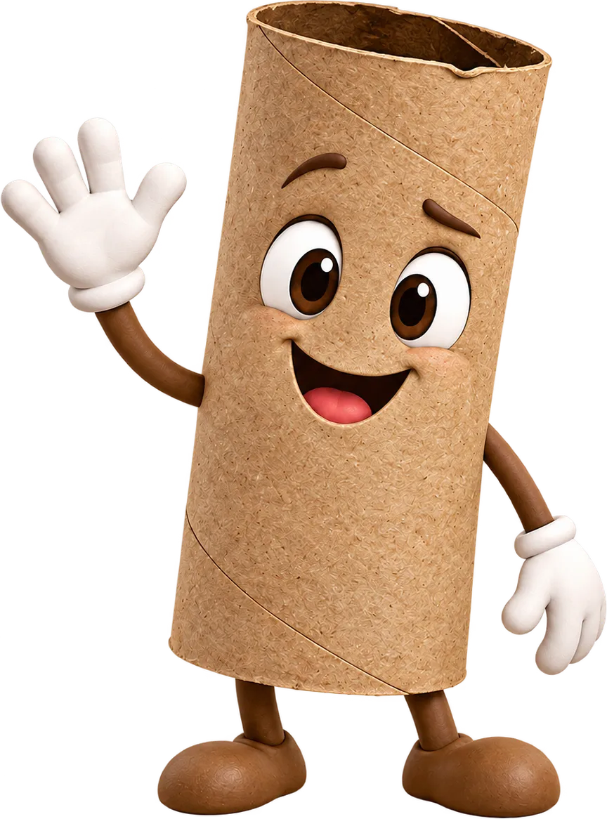 Mascote da Tubos Fernandes: um tubete de papel sorridente acenando